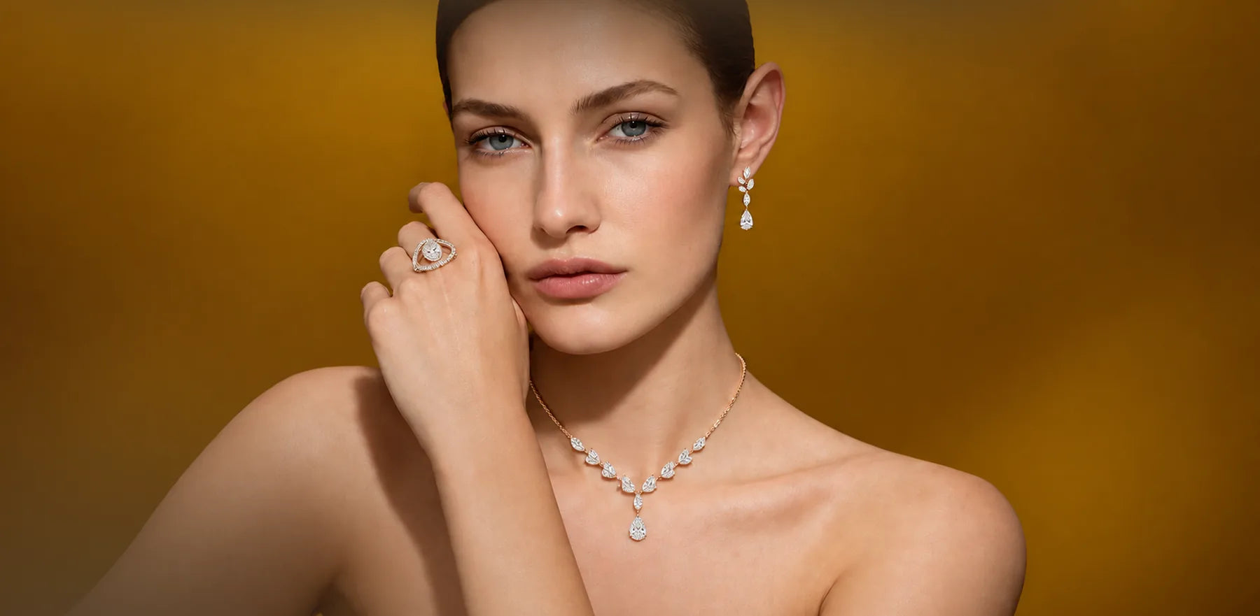 Jewelry portrait in warm champagne light